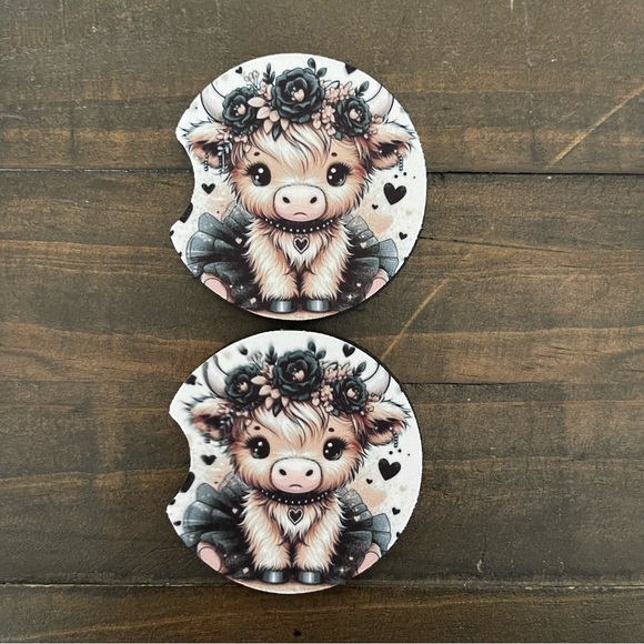 Highland Cow Car Coasters with Black Hearts & Black Tutu-Set of 2 - Picture 1 of 3